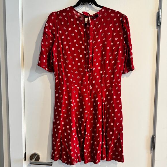 Reformation Floral Puff Sleeve Bard Mini Dress Red Back Tie Button Sz 12 - Picture 11 of 12